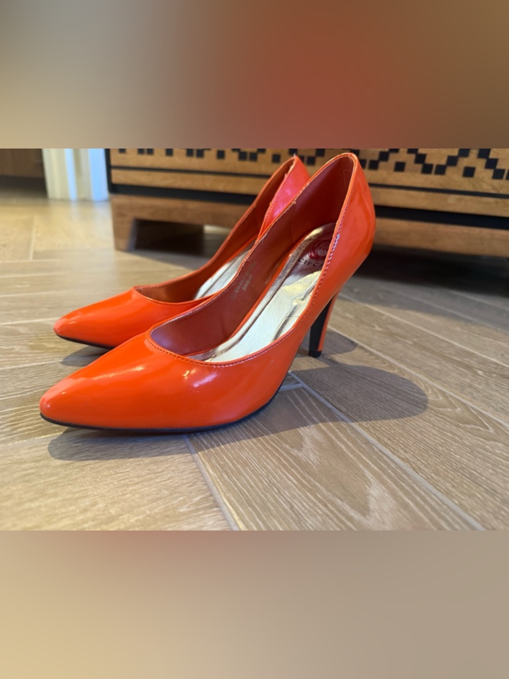 Red Circle Footwear Orange Patent Pointed-Toe Pumps